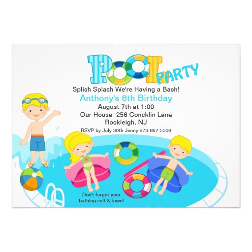 Blue Kids Pool Party Birthday Invitation (front side)
