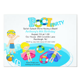 Blue Kids Pool Party Birthday Invitation 5