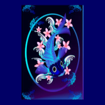 Blue Koi-Pink Flowers Oval Posters posters