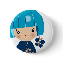 Blue Kokeshi Triplet Close Up Pin buttons