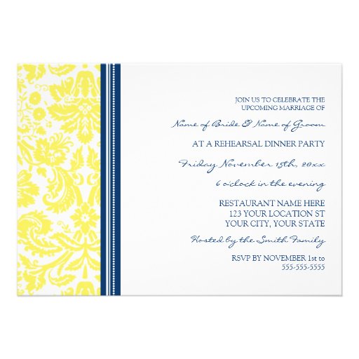 Blue Lemon Damask Rehearsal Dinner Party Cards
