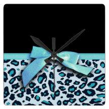 Blue leopard print ribbon bow graphic square wall clock