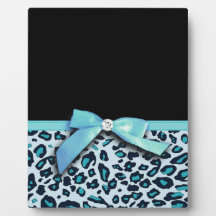 Blue leopard print ribbon bow graphic photo plaque