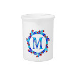 Blue Letter M Monogram Red Stars Beverage Pitcher