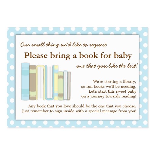 Blue Library Baby Shower Book Insert Request Card Business Cards (front side)