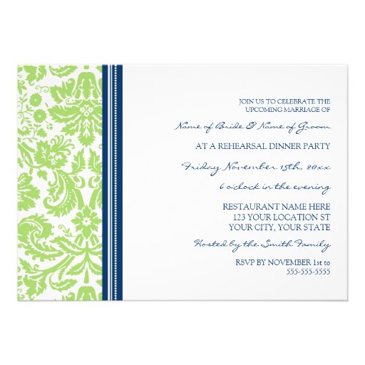 Blue Lime Damask Rehearsal Dinner Party Invitation