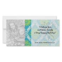 blue lime green and cream ornate damask customized photo card