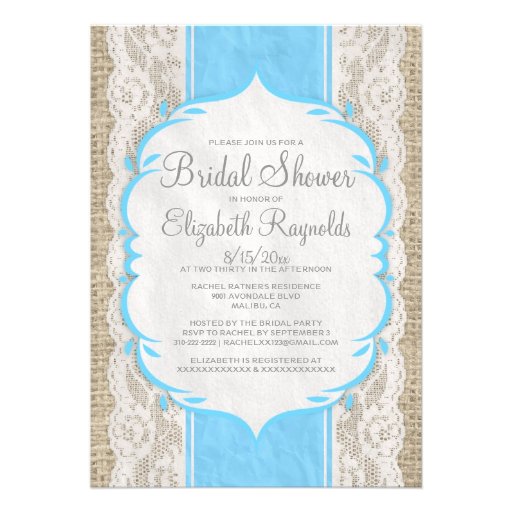 Blue Linen Burlap & Lace Bridal Shower Invitations Invites