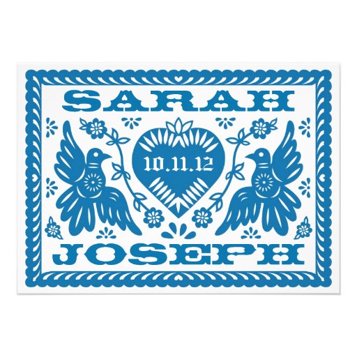 Blue Love Birds Papel Picado Wedding Invitation