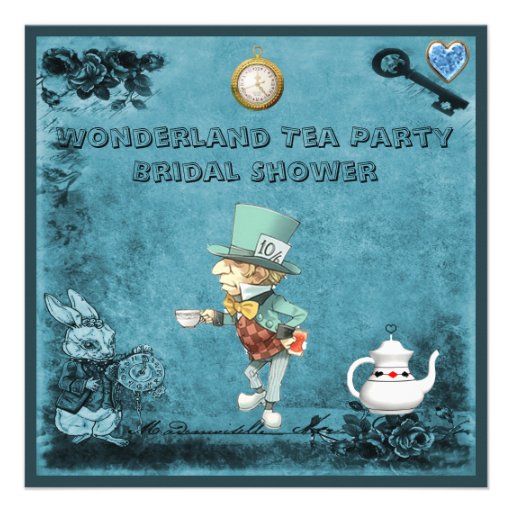 Blue Mad Hatter Wonderland Tea Party Bridal Shower Custom Invite