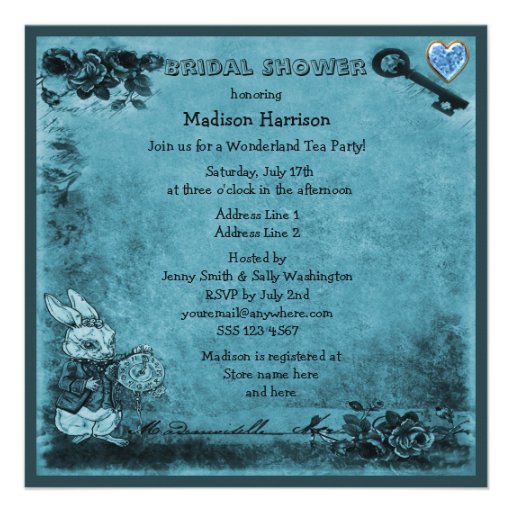 Blue Mad Hatter Wonderland Tea Party Bridal Shower Custom Invite