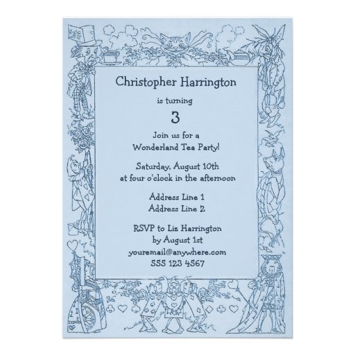 Blue Mad Hatter's Wonderland Birthday Tea Party Announcements