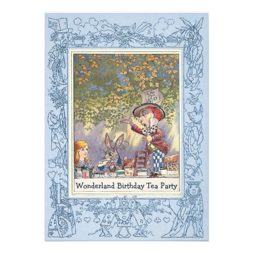 Blue Mad Hatter's Wonderland Birthday Tea Party Announcements