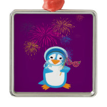 Blue Mardi Gras Penguin & Fireworks Ornament ornaments