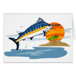 blue marlin jumping with island and sun greeting cards