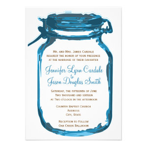 Blue Mason Jar Country Rustic Wedding Invitations Custom Invite