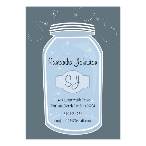 Blue Mason Jar & Fireflies Save the Date Business Card Template (front side)