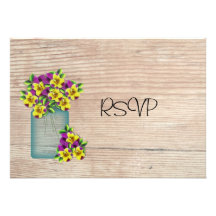 Blue Mason Jar Pansies Reception RSVP Personalized Invites