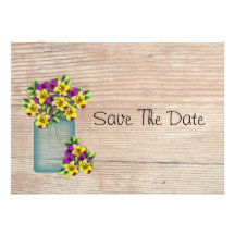 Blue Mason Jar Pansies Save The Date Custom Invitations