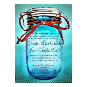 Blue Mason Jar Rustic Country Wedding Invitations Custom Invite