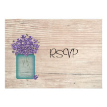 Blue Mason Jar Violets Wedding Reception RSVP Custom Invitation