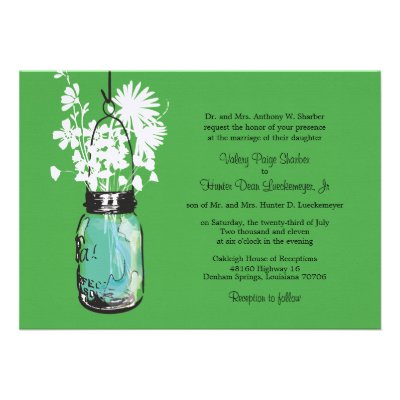 Blue Mason Jar with Wildflowers Wedding Invitations