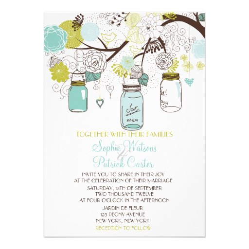 Blue Mason Jars and Flowers Wedding Invitations