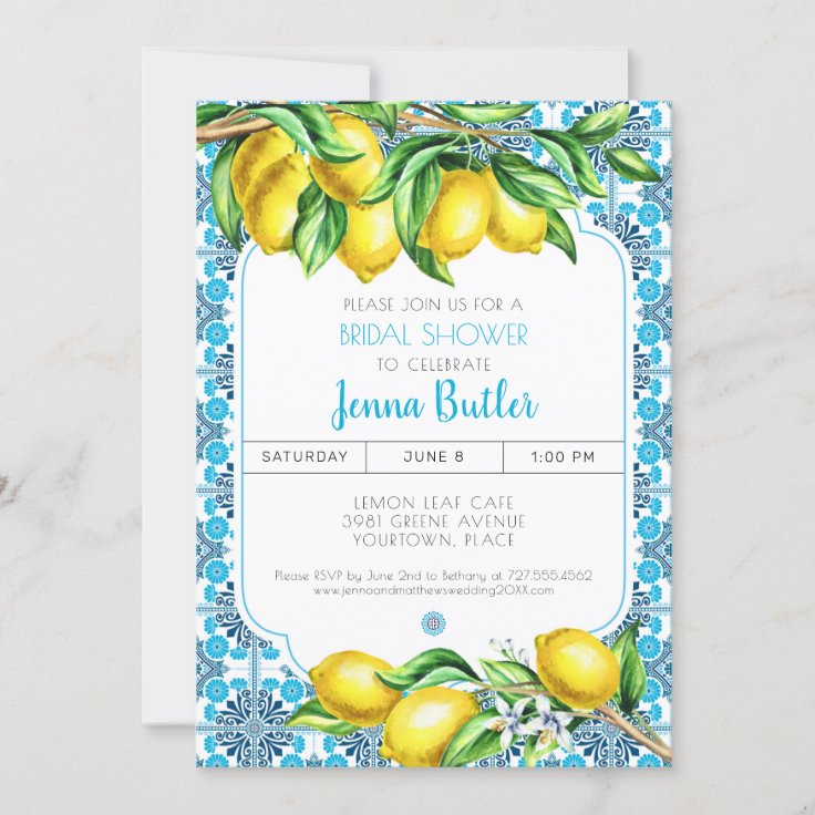 Blue Mediterranean Tile Lemon Bridal Shower Invitation Zazzle