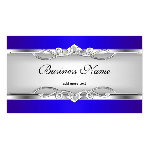Blue Metal Chrome Look  Elegant White Style Silver Business Card Template (front side)
