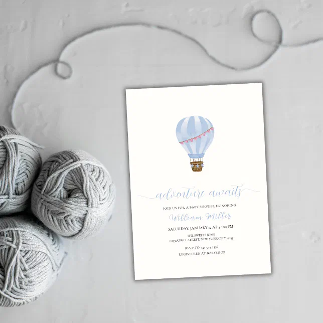 Blue Minimalist Hot Air Balloon Boy Baby Shower Invitation Zazzle