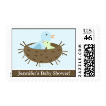 Blue Mom and Baby Bird in Nest Stamps