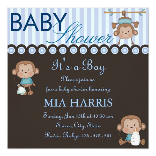 Blue Monkey Design Baby Shower Invitation