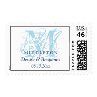 Blue monogram antique chic custom wedding postage
