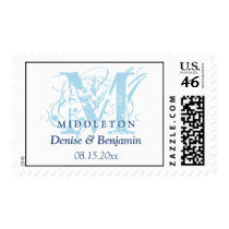 Blue monogram antique chic custom wedding postage stamps