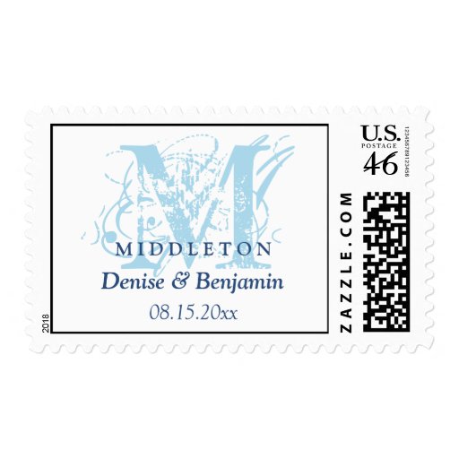 Blue monogram antique chic custom wedding postage