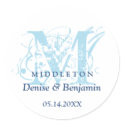 Blue monogram antique chic label wedding favor sticker