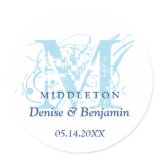 Blue monogram antique chic label wedding favor round stickers