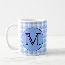 Blue Monogram Check Pattern. Custom Letter. Mug