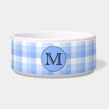 Blue Monogram Check Pattern. Custom Letter. Pet Water Bowls