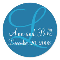 Blue Monogram L, First Names and Date Seal Round Sticker