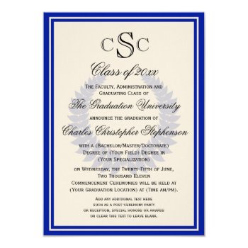 Blue Monogram Laurel Classic College Graduation 4.5x6.25 Paper Invitation Card by CustomInvites at Zazzle