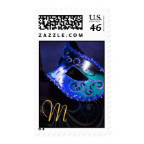 Blue Monogram Masquerade Party Postage
