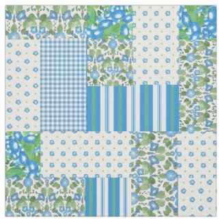 Blue Morning Glory Faux Patchwork Pattern Fabric