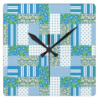 Blue Morning Glory Faux Patchwork Wall Clock