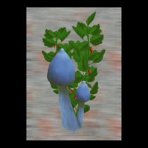 Blue Mushrooms with Red Flowers Poster Print