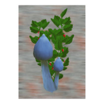 Blue Mushrooms with Red Flowers Poster Print
