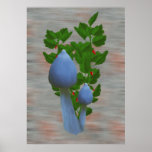 Blue Mushrooms with Red Flowers Poster Print