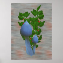 Blue Mushrooms with Red Flowers Poster Print