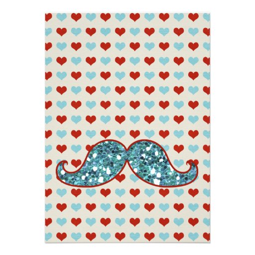 BLUE MUSTACHE AND RED HEARTS GLITTER ANNOUNCEMENT