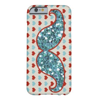 BLUE MUSTACHE AND RED HEARTS GLITTER BARELY THERE iPhone 6 CASE